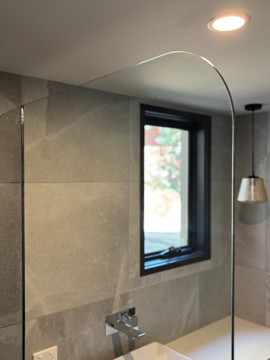 Clear glass shower panel - radius corner - 900mm wide